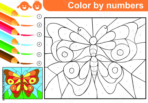 Coloring page  by Numbers. Butterfly. Coloring puzzle with numbers for kids. Spring. Summer. Worksheet at school, home. Sketch. Vector.