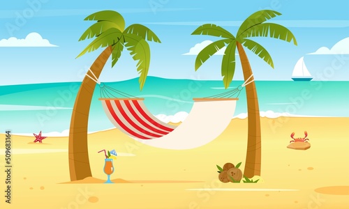 Hammock hanging between palm trees. Flat vector illustration, beach vacation. Tropical background with sea and sand