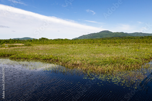 The Cherry River Marsh seen during a spring day, with Mont Orford in the background, Magog, Quebec, Canada photo