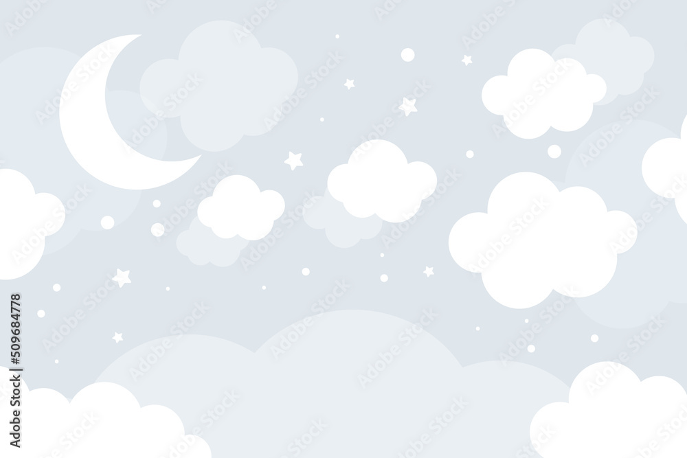Vector hand drawn cute wallpaper with clouds, stars and moon on blue background. Children's 3D wallpaper.
