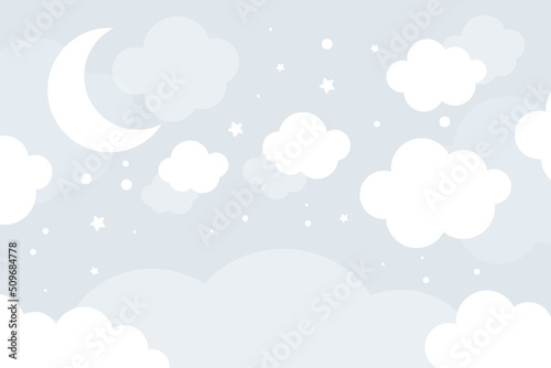 Vector hand drawn cute wallpaper with clouds, stars and moon on blue background. Children's 3D wallpaper. © YUSI_DESIGN