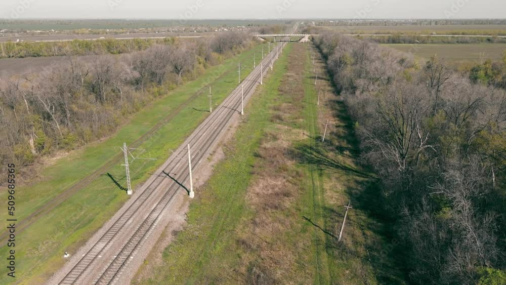 Railway line is carried over gravel and concrete sleepers, aerial view Railway line is carried over gravel and concrete sleepers, aerial view