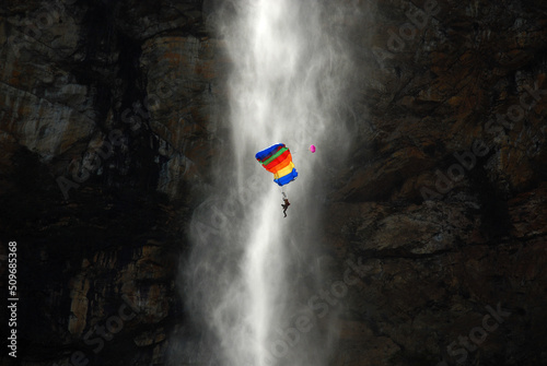 Base jump in the Waterfall of Tabuleiro, Conceição do Mato Dentro, Minas Gerais, Brazil photo