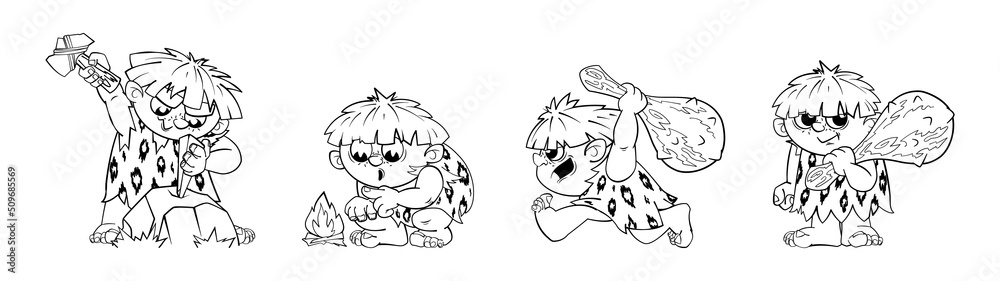 Prehistoric primitive man, a set of dynamic figures in black and white cartoon style.Stickers, decals, character for animation. Vector illustration