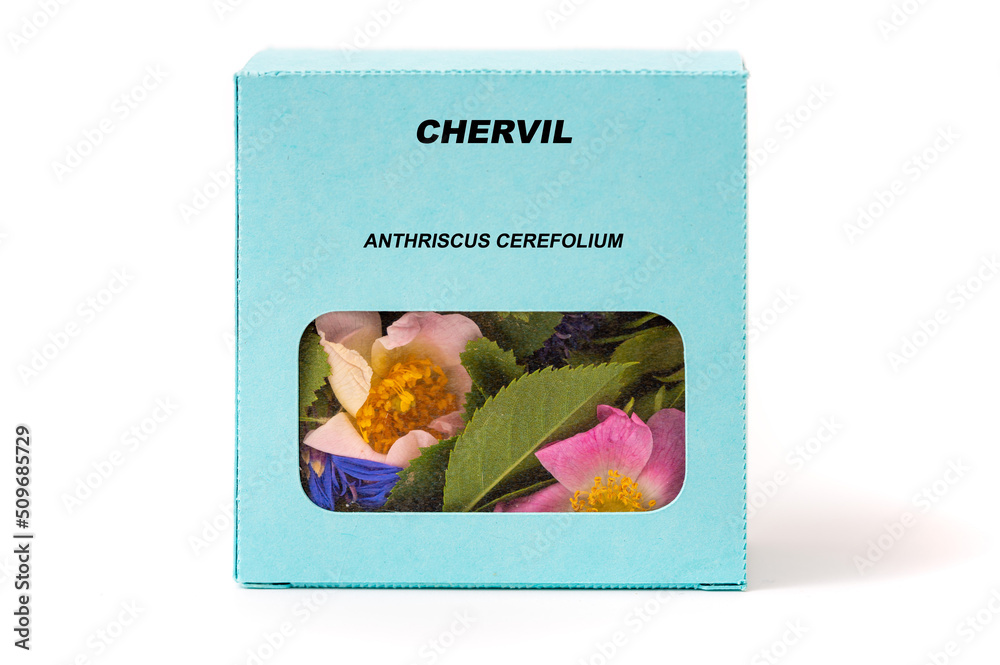 Obraz premium Chervil Medicinal herbs in a cardboard box. Herbal tea in a gift box