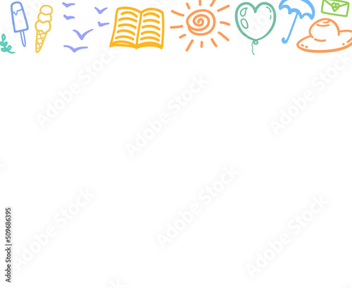 Hand drawn colored holiday elements. Colorful sketchy doodles. Summer holidays. Vacation trip. Web banner