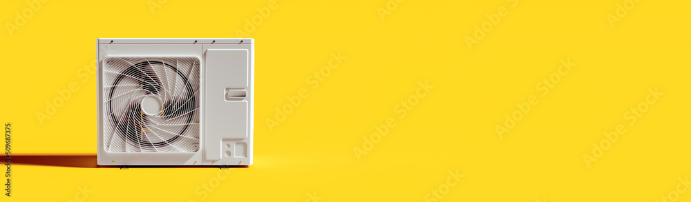 Air conditioner outdoor unit with copy space on yellow background 3D Rendering, 3D Illustration Air conditioner outdoor unit with copy space on yellow background 3D Rendering, 3D Illustration