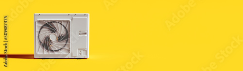 Air conditioner outdoor unit with copy space on yellow background 3D Rendering, 3D Illustration