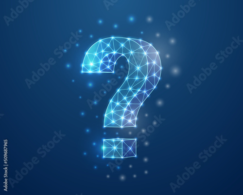 Question mark 3d symbol in blue low poly style. Help support, problem design concept vector illustration. FAQ polygonal wireframe.