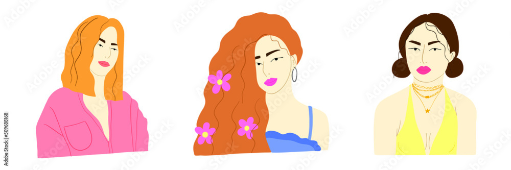 Illustration of three hipster girls. Beautiful young women with different hairstyles and accessories. Girl power concept. Hand drawn vector set Illustration of three hipster girls. Beautiful young women with different hairstyles and accessories. Girl power concept. Hand drawn vector set