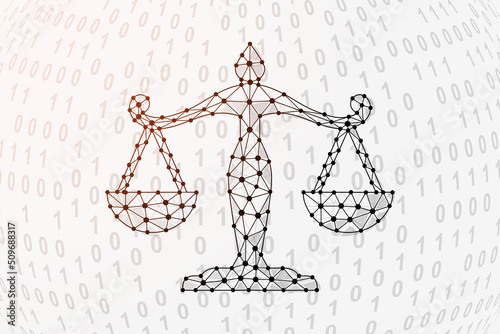Scales 3d low poly symbol with binary code background. Justice design vector illustration. Law polygonal symbol with connected dots