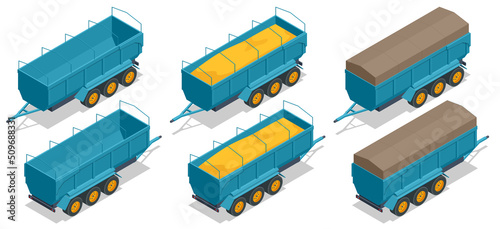 Isometric Grain Hopper Trailer. Semi tractor and used to haul bulk commodity products, such as grain. photo