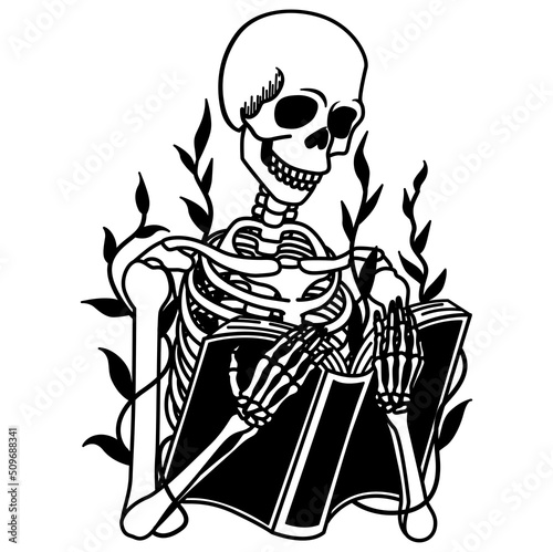 Skeleton holding book for design element. Vector illustration.