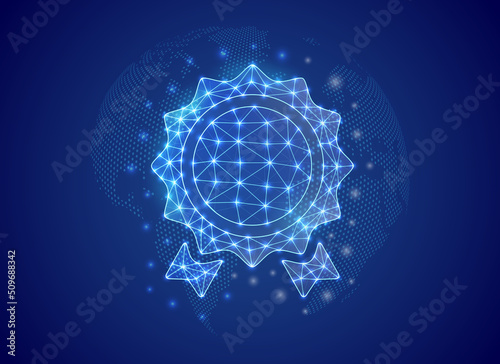 Award medal 3d low poly symbol with blue world map background. Approved concept design illustration. Reward polygonal symbol with connected dots
