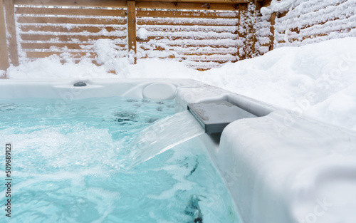 Close-up of the hot tub's waterfall feature.