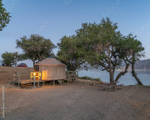 A yurt overlooks Lake Cachuma in Santa Barbara county, CA.