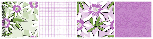 Exotic passiflora flower seamless pattern. Beautiful passion fruit floral kitchen textile print or product packaging background in lilac, white and green fresh feminine colors.