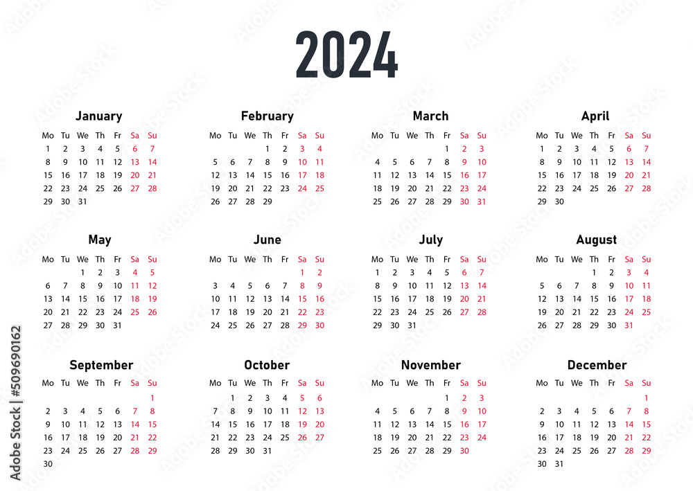 White Calendar 2024. Seasons and months, red weekend notification. Graphic elements for developing applications or programs, stylish and minimalistic interface. Cartoon flat vector illustration White Calendar 2024. Seasons and months, red weekend notification. Graphic elements for developing applications or programs, stylish and minimalistic interface. Cartoon flat vector illustration