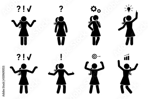 Stick figure woman problem solution concept vector illustration. Creative idea insight icon pictogram white background