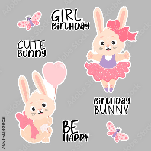 Digital stickers for girl birthday. Cute bunny ballerina, with balloon, butterfly and congratulations. Vector illustration. Isolated elements. Set of happy birthday greetings for design, decor, print.