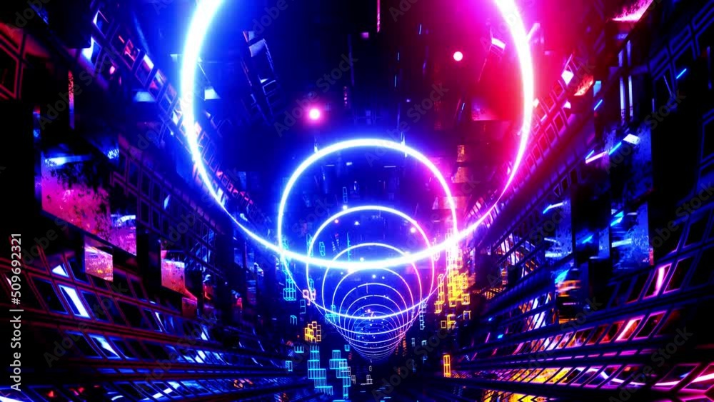 Round glow lines. Hi-tech neon sci-fi tunel. Trendy neon glow lines form pattern and construction in mirror tunnel. Fly through technology cyberspace. 3d almost looped 4k bright youth background.