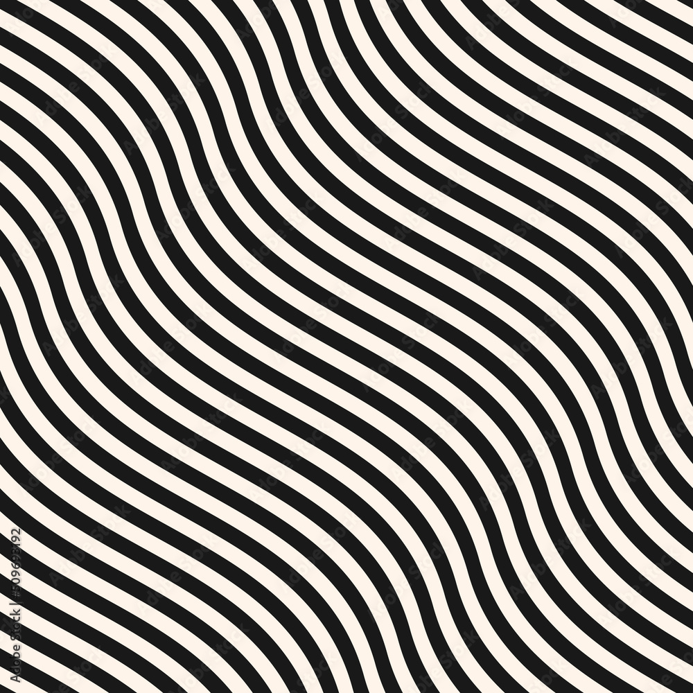 Simple black and white curved wavy lines pattern. Vector seamless texture with diagonal waves, stripes. Modern abstract monochrome background, optical illusion effect. Repeat design for decor, fabric