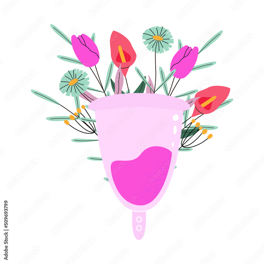 An illustration of a menstrual cup with flowers and leaves. Eco-protection for women in critical days. Zero waste level. Protection of the menstrual cycle, women's hygiene.