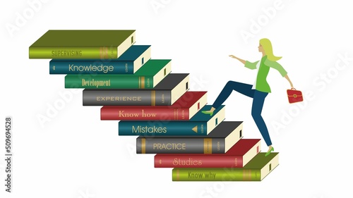 Woman running in career on pile of books. Isolated on white. Vector illustration.