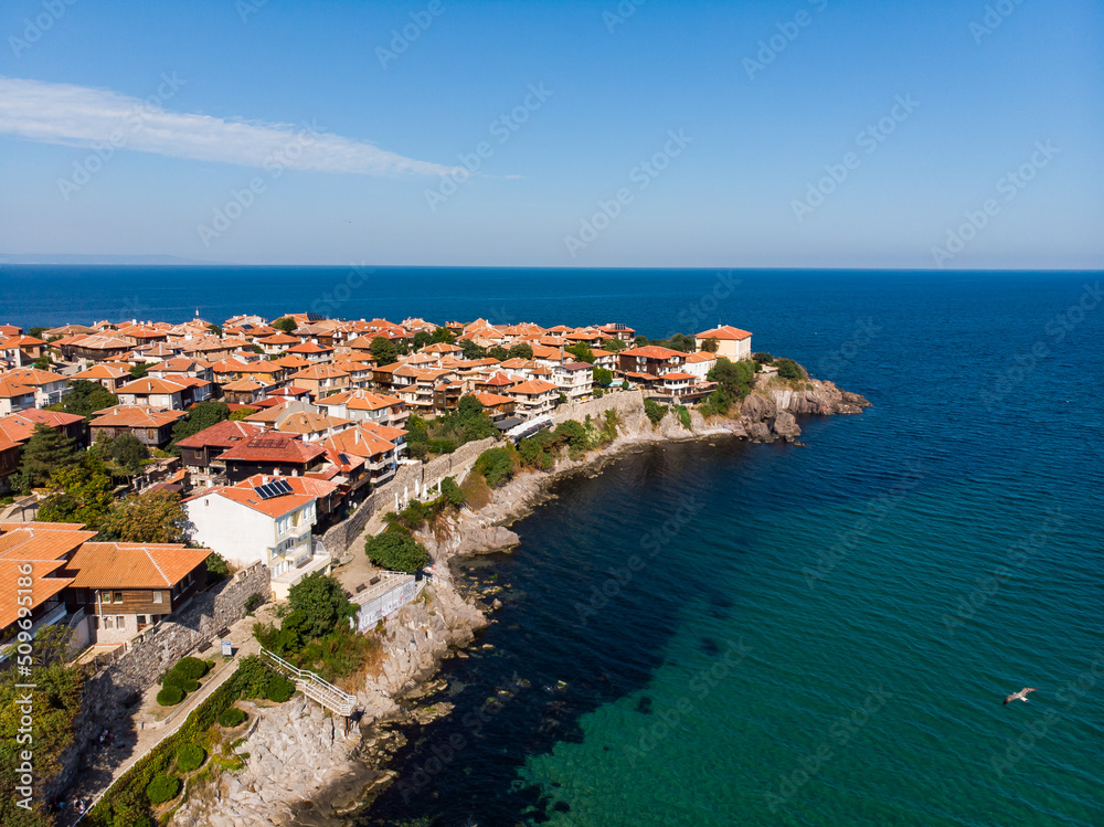 Aerial view of Bulgarian town Sozopol. Drone view from above. Summer holidays destination