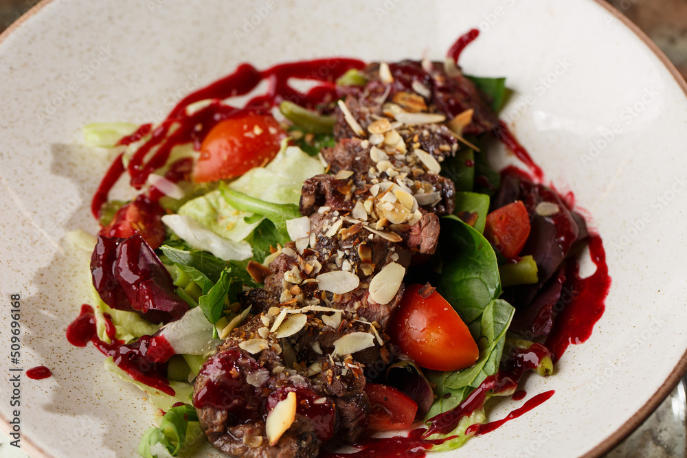 Salad with veal and tomatoes. Beef steak with raw vegetables mix side view. Grilled meat with garnish close-up. Delicious main course on table