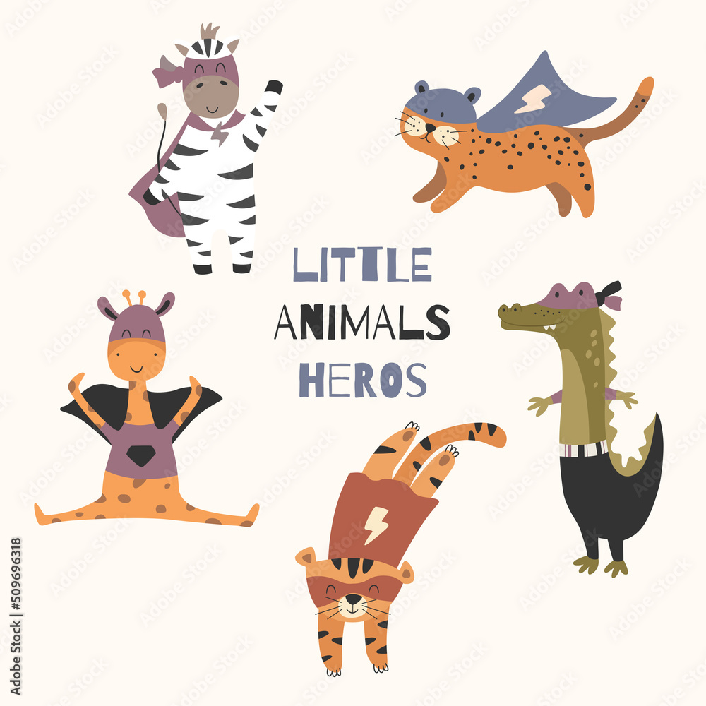 Obraz premium Animals heros. Set of super heros animals. Vector kids illustration with characters. Hand drawn art.