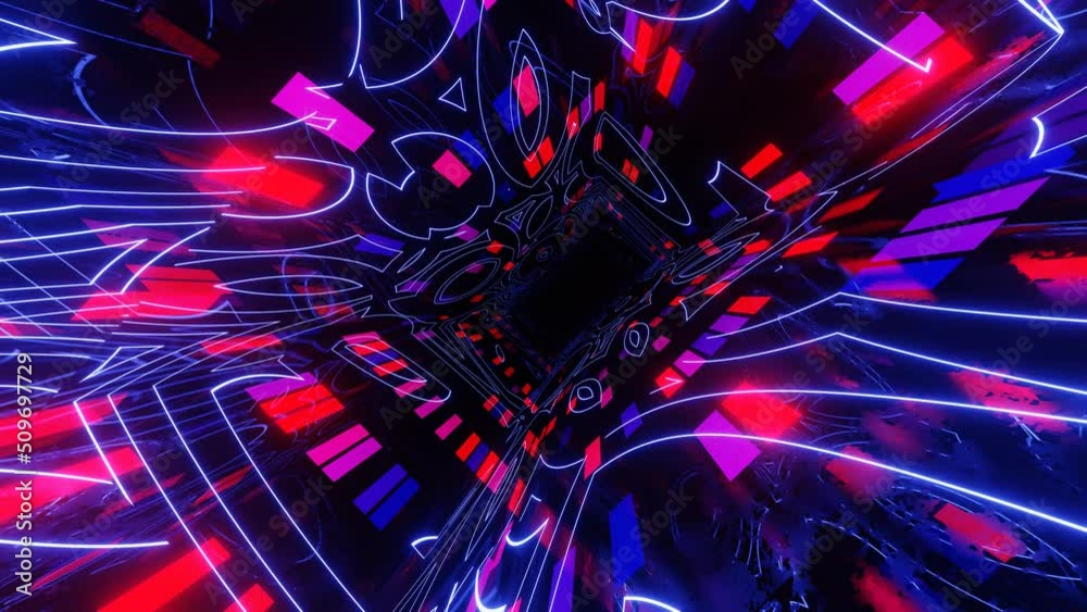 futuristic hologram. 4k seamless looped animation. Fly through mirror tunnel with neon pattern, glow lines form sci fi pattern. Bright reflection neon light. Simple bright background, sci fi structure futuristic hologram. 4k seamless looped animation. Fly through mirror tunnel with neon pattern, glow lines form sci fi pattern. Bright reflection neon light. Simple bright background, sci fi structure