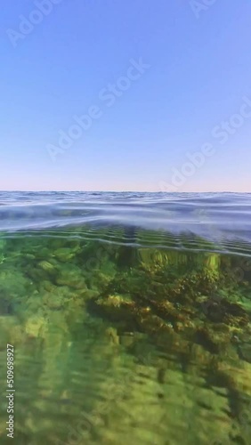 video recording the surface of the sea and then putting the camera under the water to record the movement of poseidonia photo