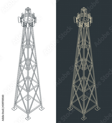 Cell tower with equipment isometric blueprints