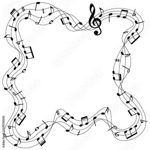Musical background, music notes on wavy lines, vector illustration.