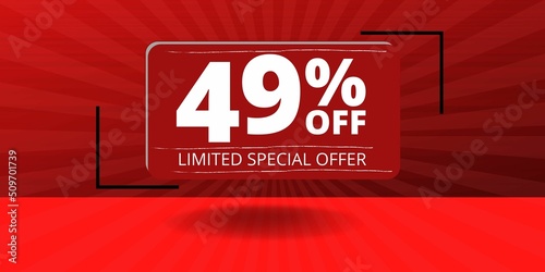 49% off limited special offer. Banner with forty nine percent discount on a red background with white square and red photo