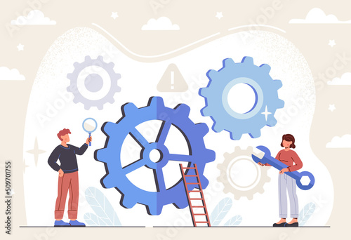 Technical support service. Man and woman with tools and wrench troubleshooting, repairing breakdowns and solving problems with equipment. Settings and improvements. Cartoon flat vector illustration