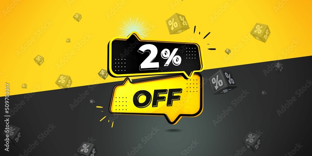 2% off limited special offer. Banner with two percent discount on a  black and yellow background with yellow square and black. Illustration 3d