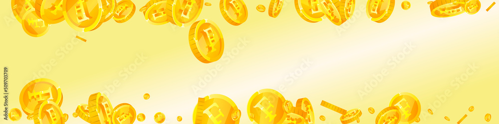 Swiss franc coins falling. Beauteous scattered CHF coins. Switzerland money. Fair jackpot, wealth or success concept. Vector illustration.