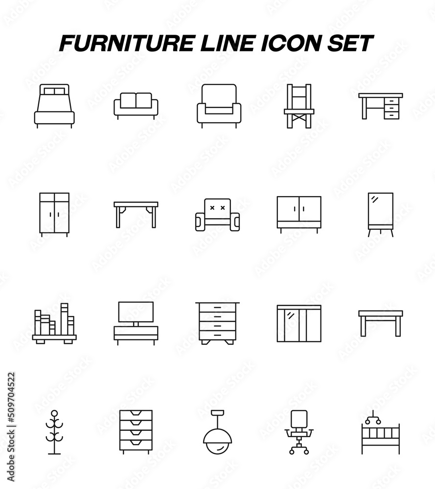 Furniture concept. Vector sign in flat style and editable stroke. Line icon set with symbols of bed, sofa, armchair, chair, office desk, wardrobe, mirror, book shelf, coat rack, lamp Furniture concept. Vector sign in flat style and editable stroke. Line icon set with symbols of bed, sofa, armchair, chair, office desk, wardrobe, mirror, book shelf, coat rack, lamp
