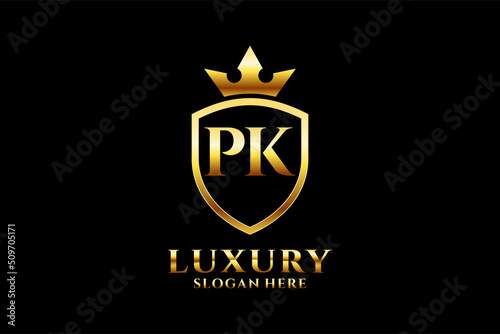 initial PK elegant luxury monogram logo or badge template with scrolls and royal crown - perfect for luxurious branding projects