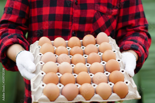 Closeup farmer holds tray of eggs. Concept : Organic agricultural farming, Farmers produce healthy eco food. Best food during bad economy. 