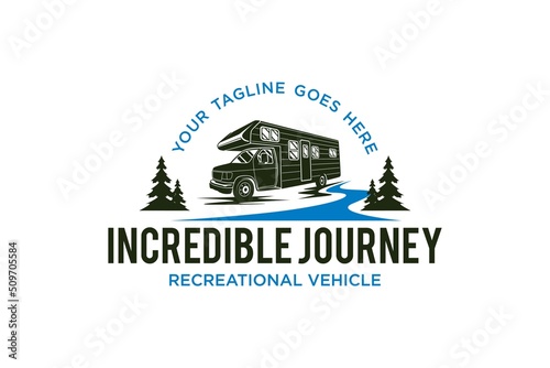 Recreational Vehicle logo design holiday journey traveler river lake scene car trailer