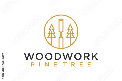 Woodwork logo carpenter chisel pine tree carpentry line style simple minimalist log wood timber