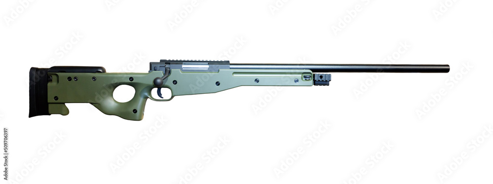 Firearm, bolt action rifle isolated over white background.
