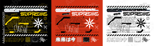Digital lettering posters in cyberpunk style for merch, t-shirt, typography prints. Vector template design with futuristic lettering. Cyberpunk trendy art. Japanese inscriptions - The future is now