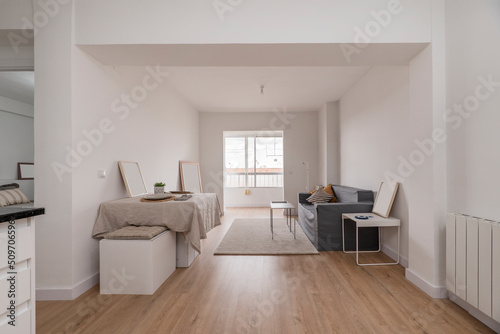 Apartment living room with window, gray three-seater sofa and wooden floors © Toyakisfoto.photos