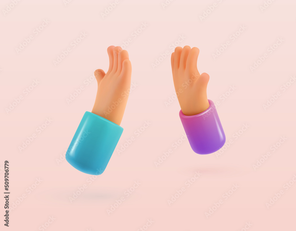 High five 3d cartoon hands vector illustration. Colleagues friendship isolated arms. Teamwork business success. Winning congratulations. Easy recoloring of sleeves.