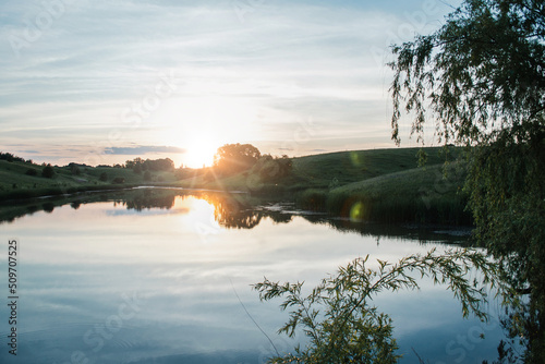 Summer sunny evening near the pond with field herbs. Ukraine