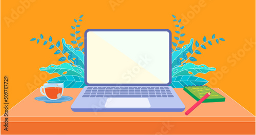 laptop computer with message on work desk vector illustration design
